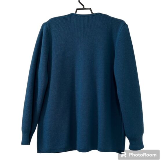 VTG Rodier Teal Blue Wool Blend LS Padded Button Cardigan Sweater Size Large - Picture 2 of 11